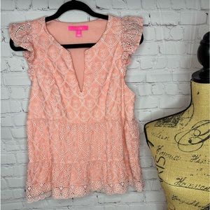 Lily Pulitzer blouse / shirt, size 8, orange & white lace